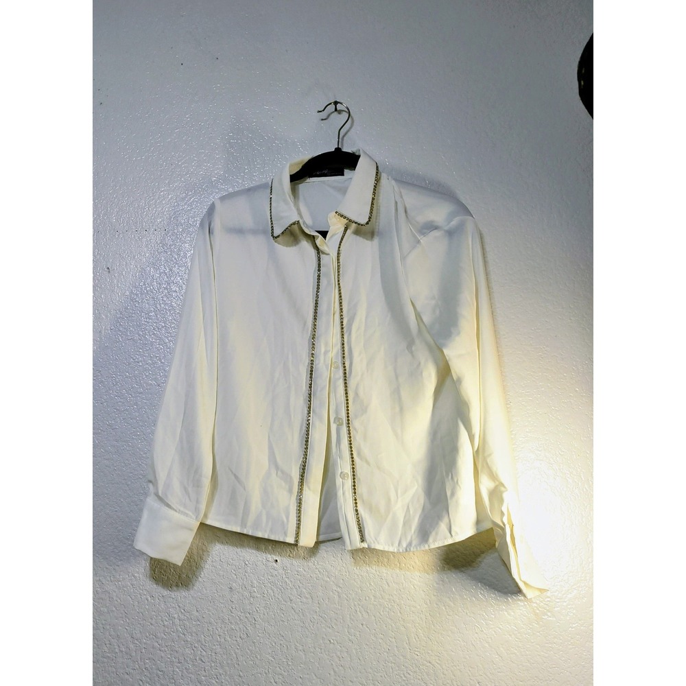 On Twelfth White Rhinestone Trim Button Down Blouse Long Sleeve Shirt Small (14)